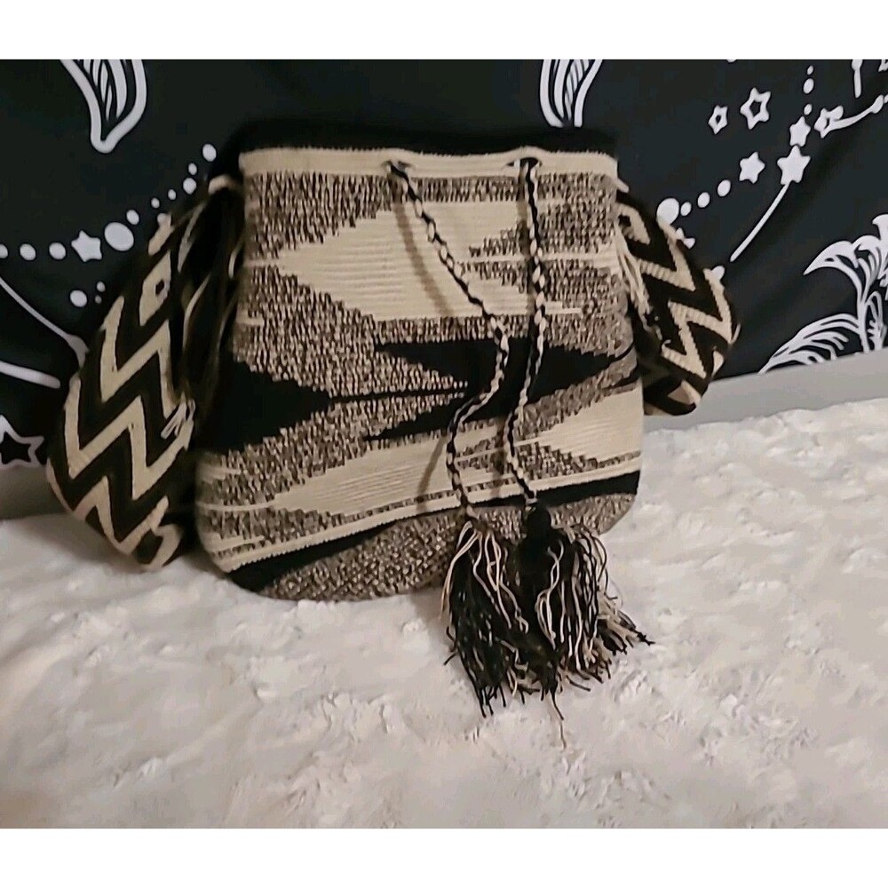 Colombian Wayuu Mochila Crochet Fringe Drawstring Bucket Crossbody Bag Fall - Picture 4 of 9